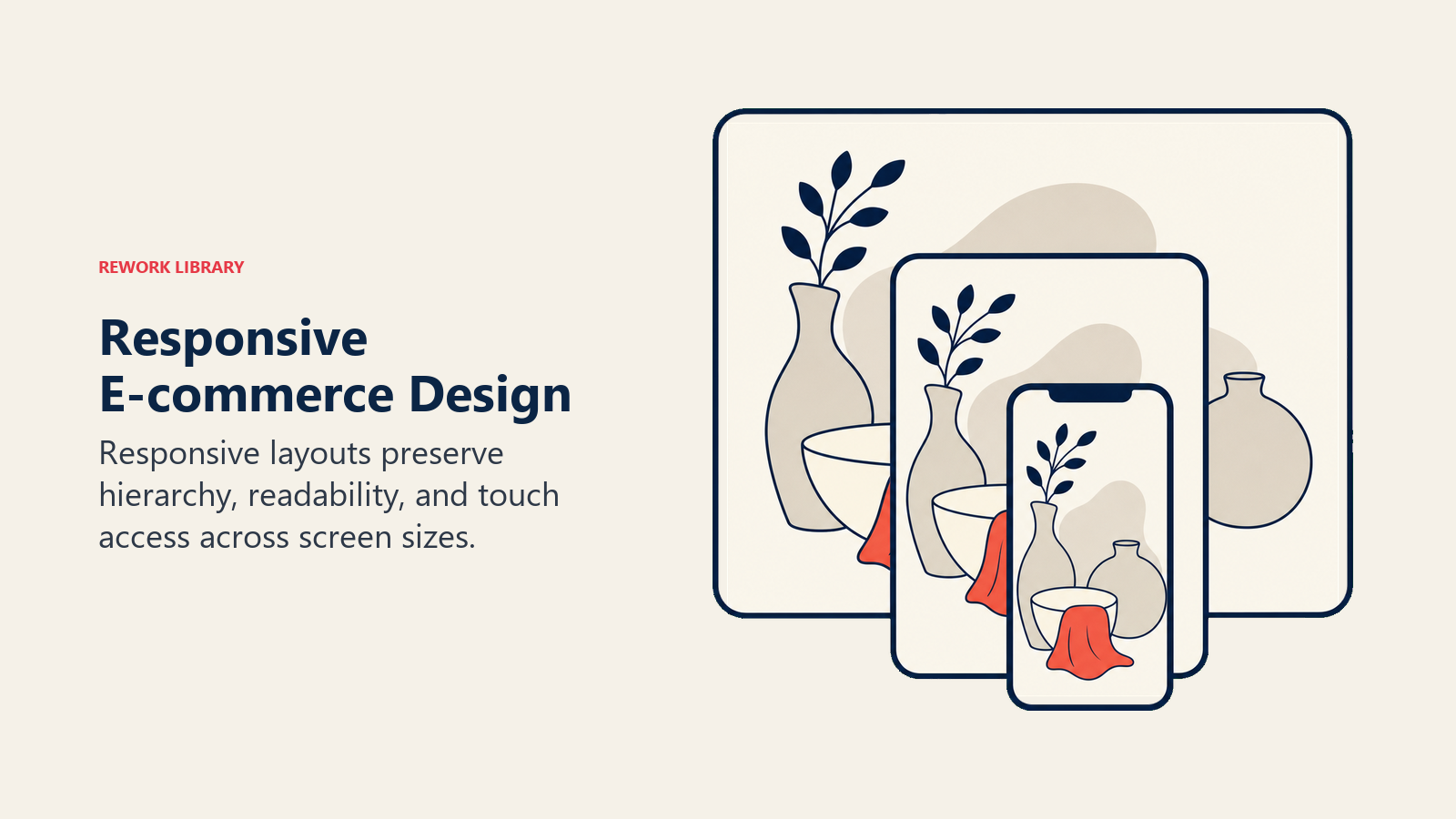 Responsive E-commerce Design illustrated with three nested device frames smoothly reshaping one product composition from wide to compact, without UI text