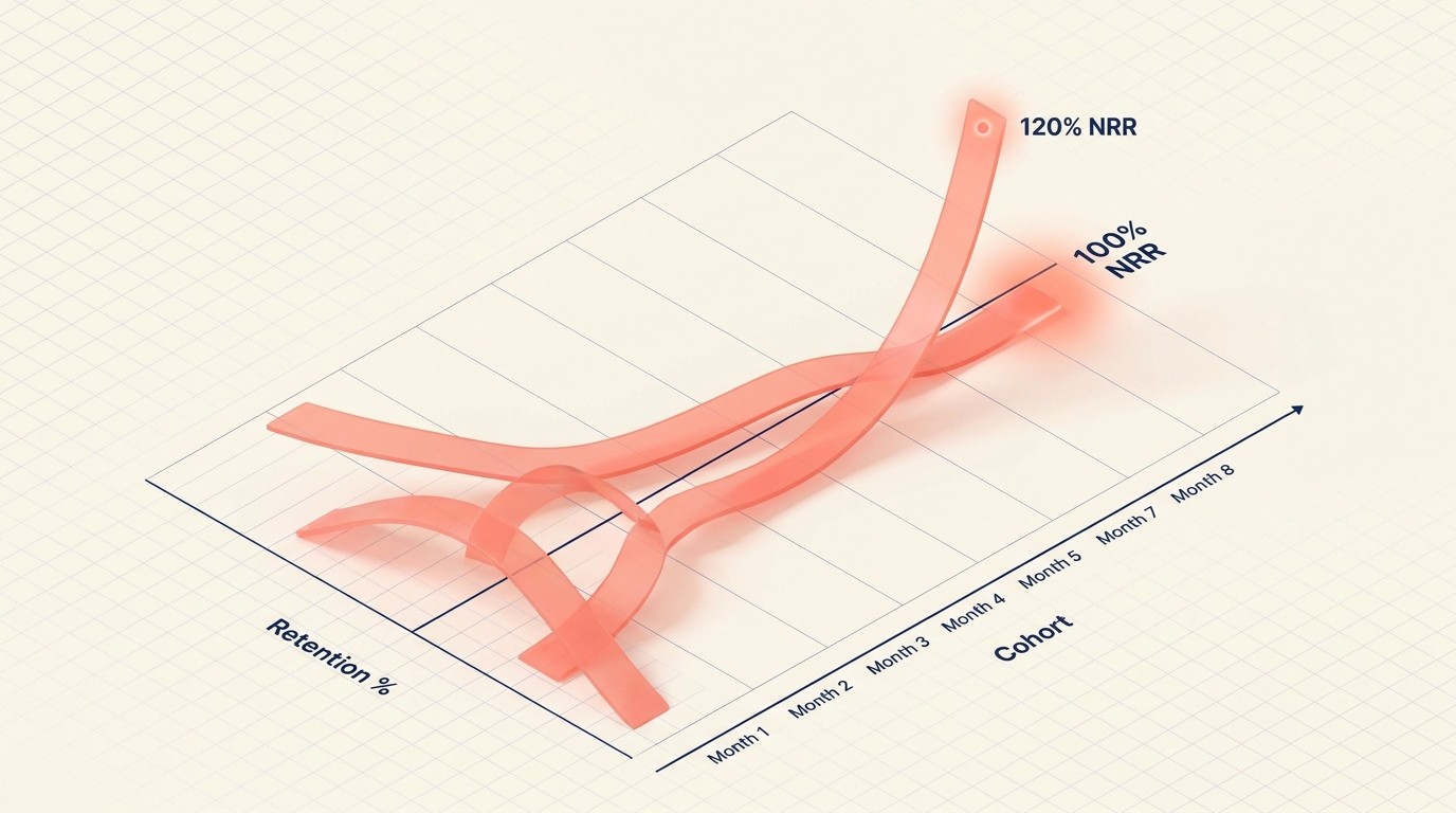 Cohort retention curves showing MRR evolution and expansion rates over time