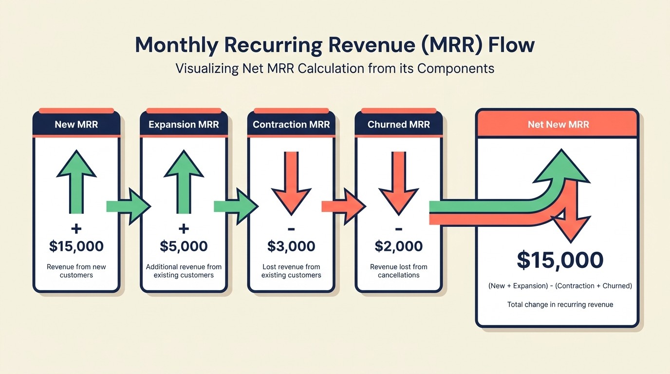 Four components of MRR movement: new, expansion, contraction, and churned revenue