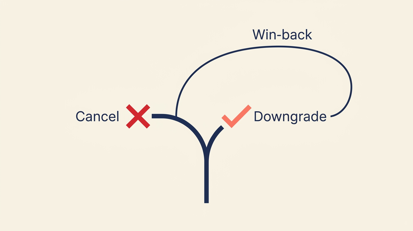 Downsell framework showing proactive offers, pause options, and win-back sequences