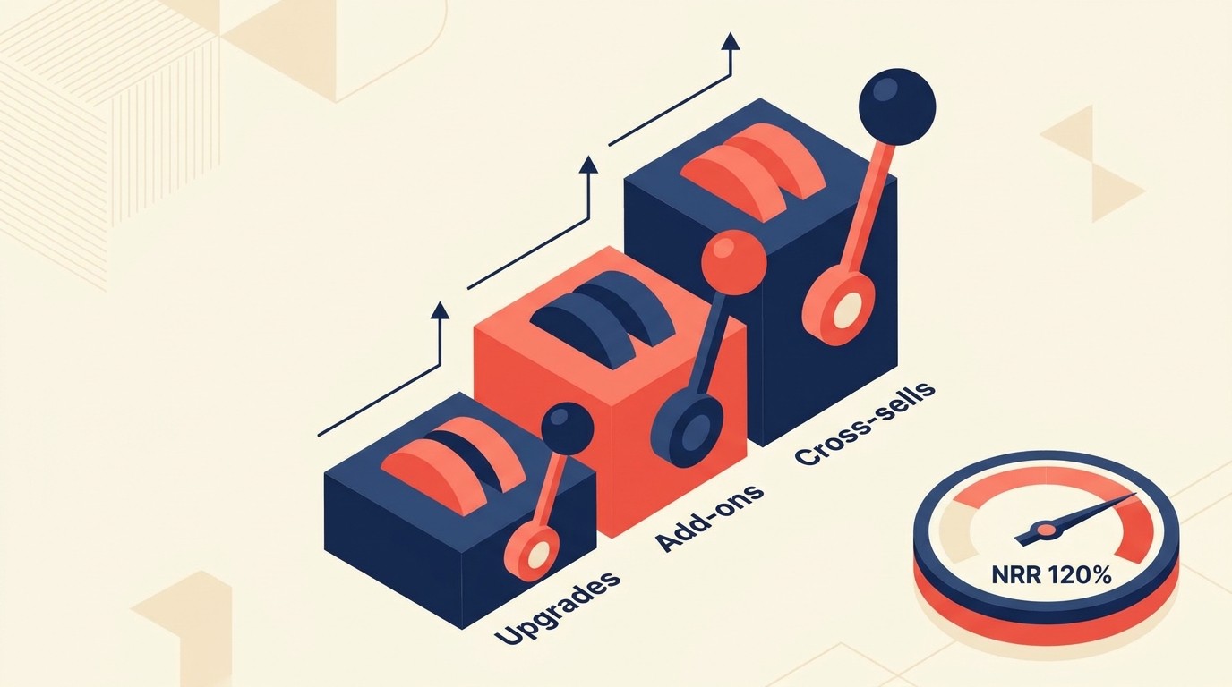 Three expansion revenue levers: upgrades, add-ons, and cross-sells driving NRR growth