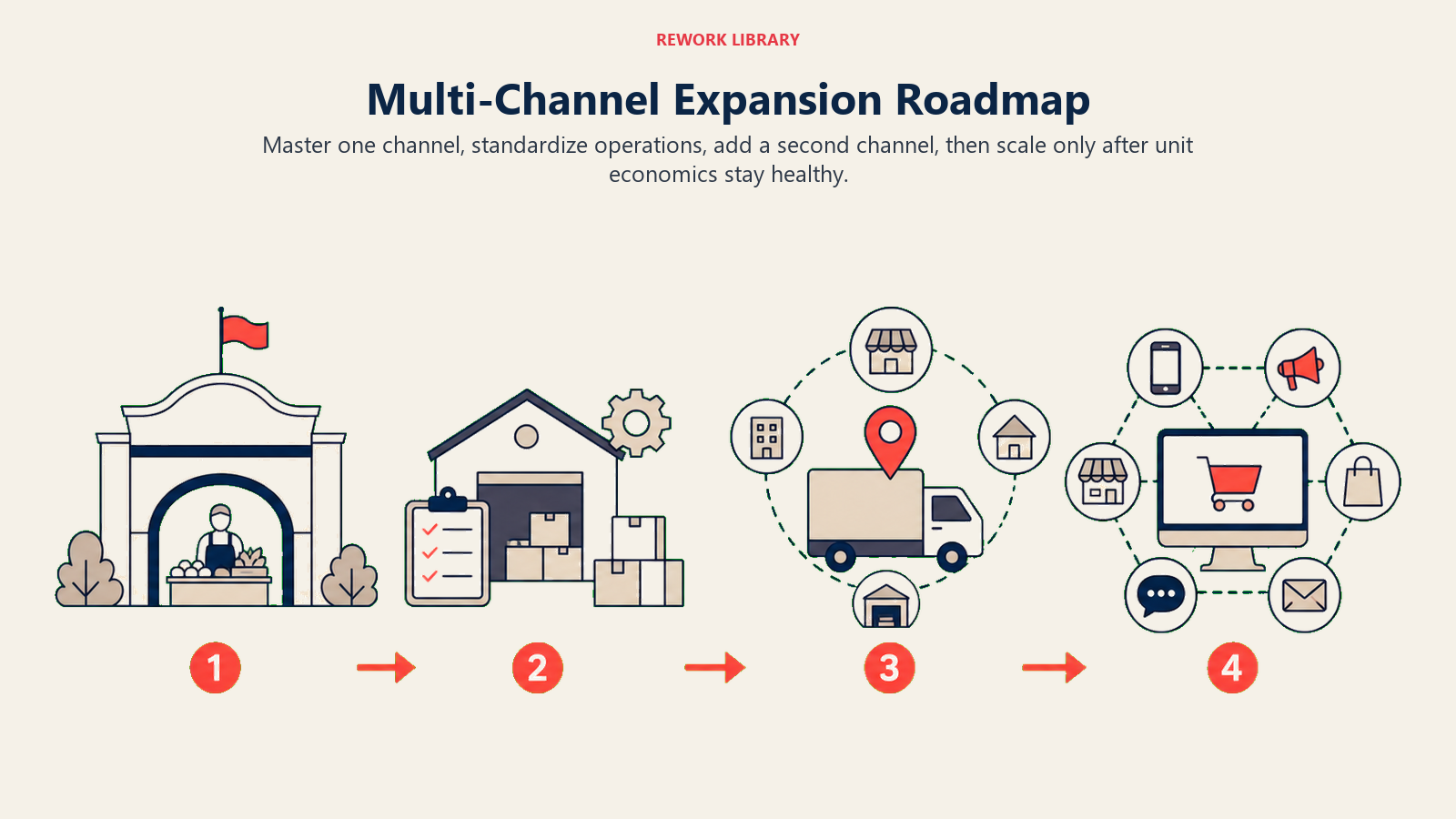 Multi-Channel Expansion Roadmap illustrated as a wide four-stage expansion route moves from one stable marketplace gate to standardized operations and a controlled multi-channel network