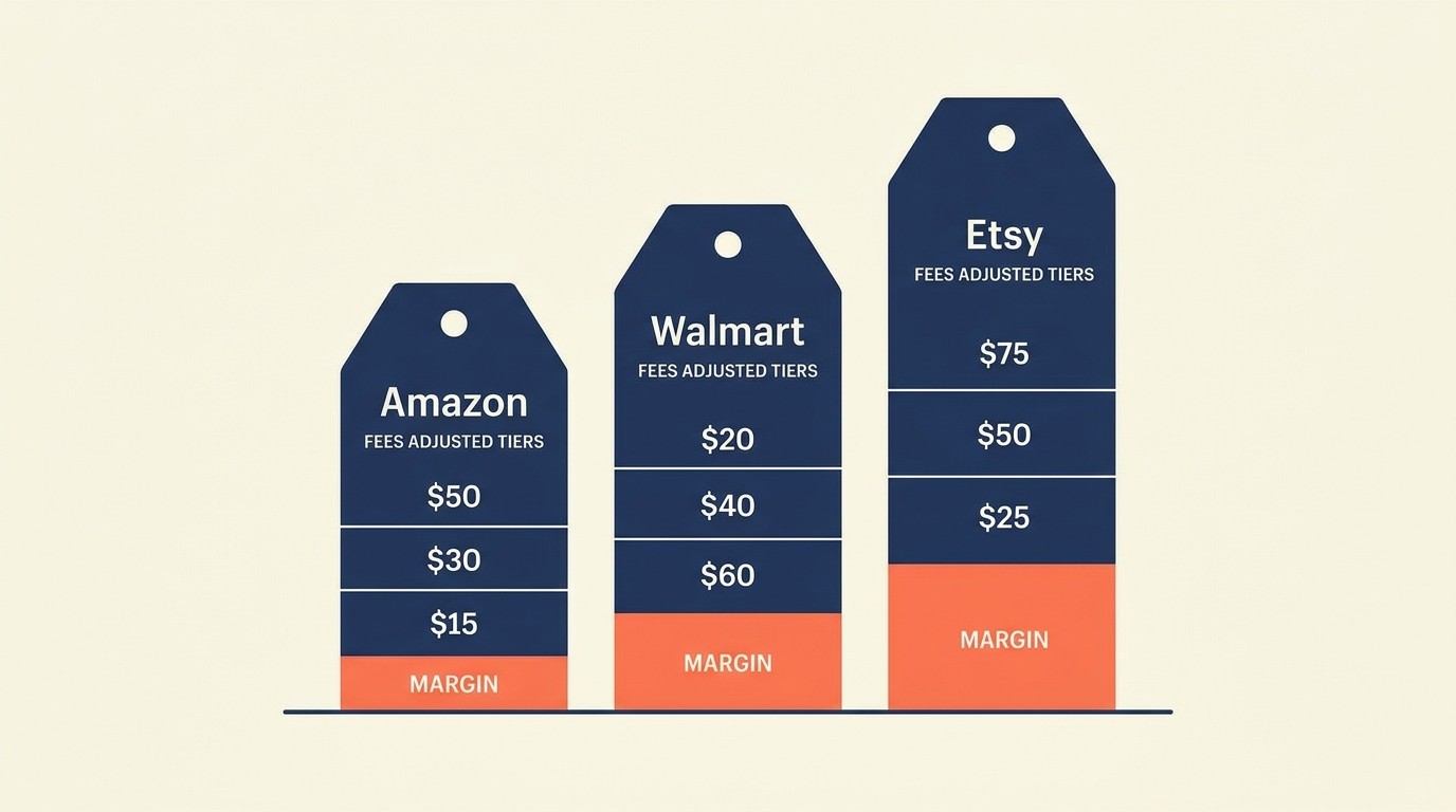Fee-adjusted pricing breakdown comparing listing prices across Amazon, Walmart, and Etsy for target margin