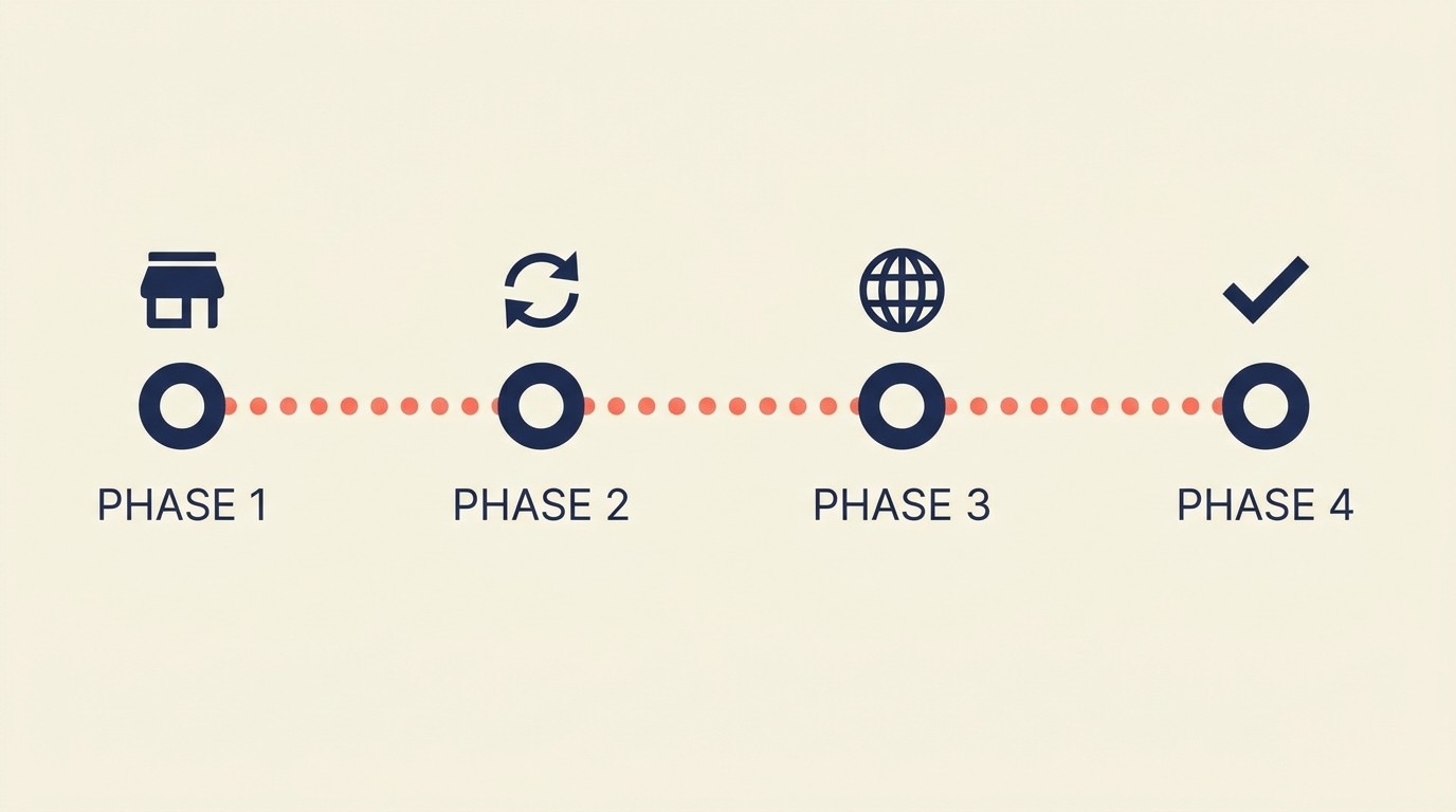 Four-phase multi-channel expansion roadmap from single-channel mastery to international marketplaces