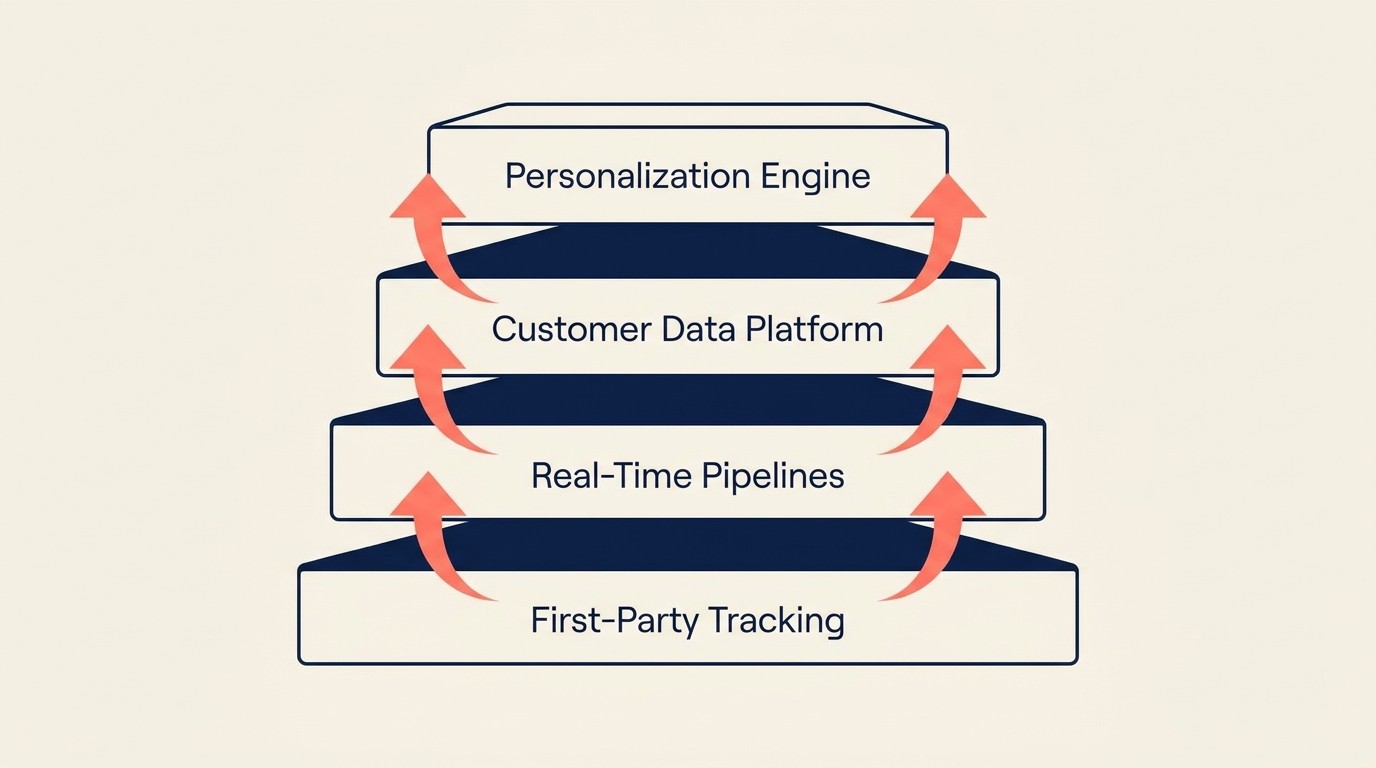 Data infrastructure stack showing first-party data collection real-time pipelines and CDP integration