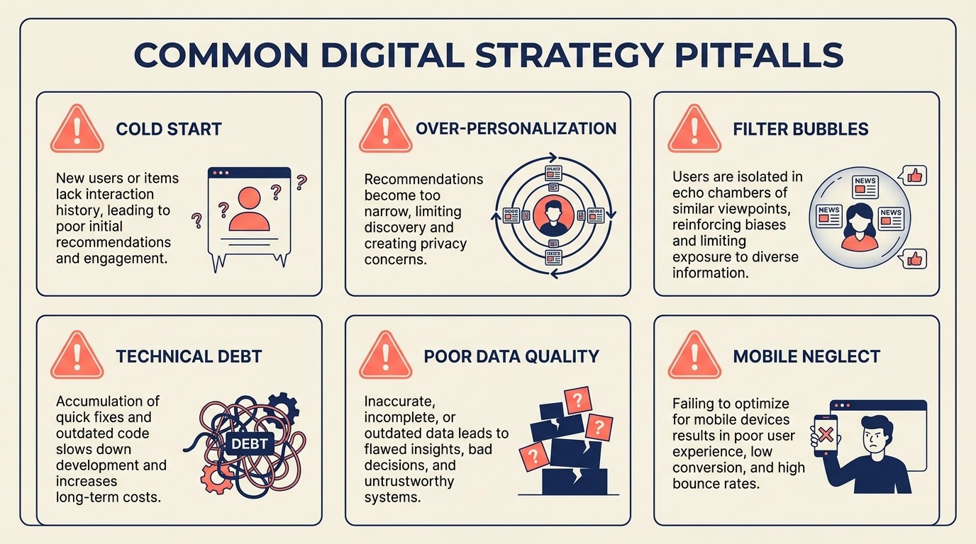 Common personalization pitfalls including cold start problem filter bubbles and technical debt solutions