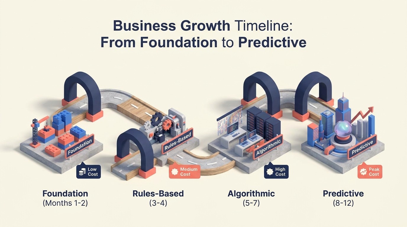 Four-phase personalization implementation roadmap from foundation through advanced predictive capabilities