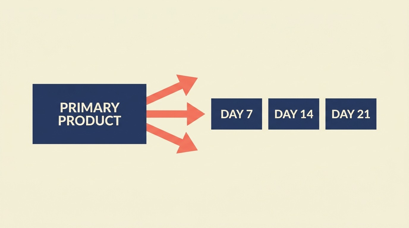Three-email cross-sell sequence showing essentials, upgrades, and related products