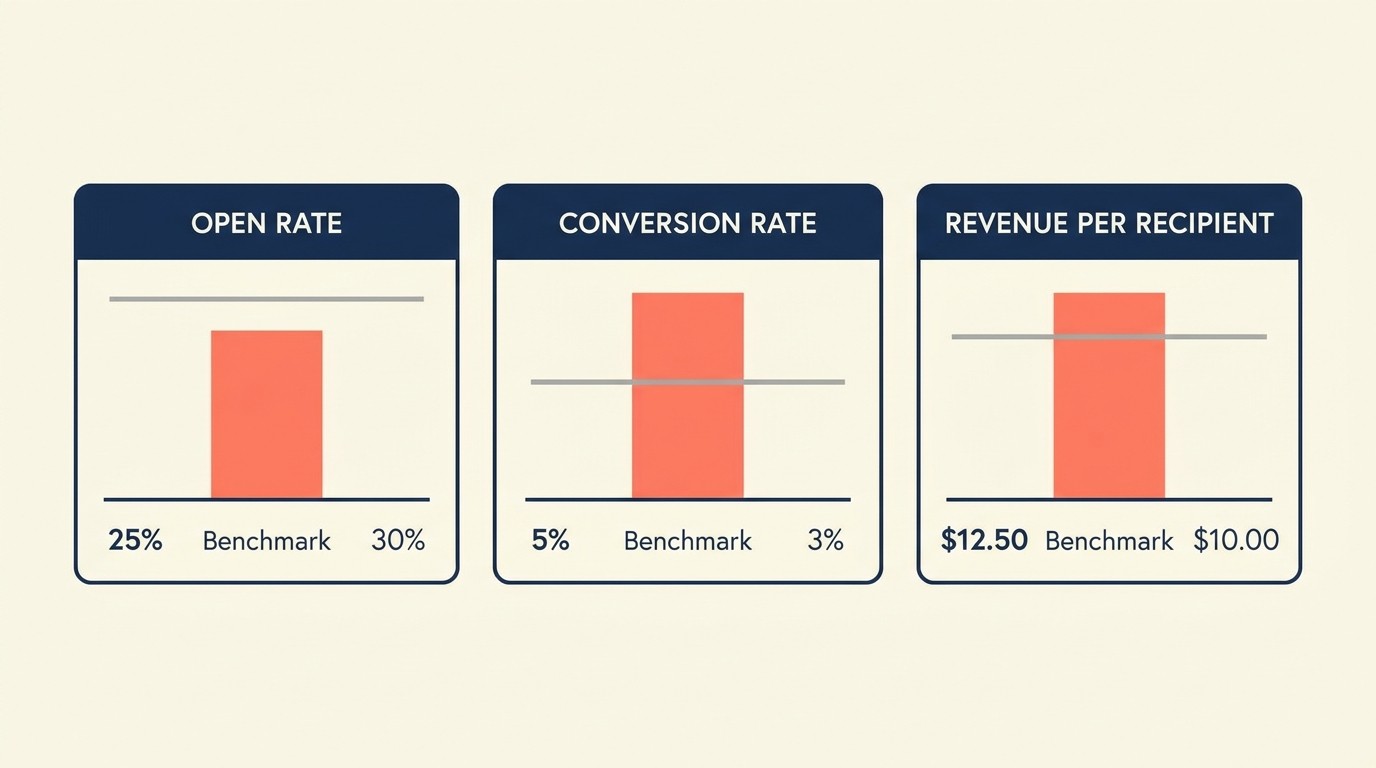 Key metrics dashboard for email performance, business impact, and sequence benchmarks