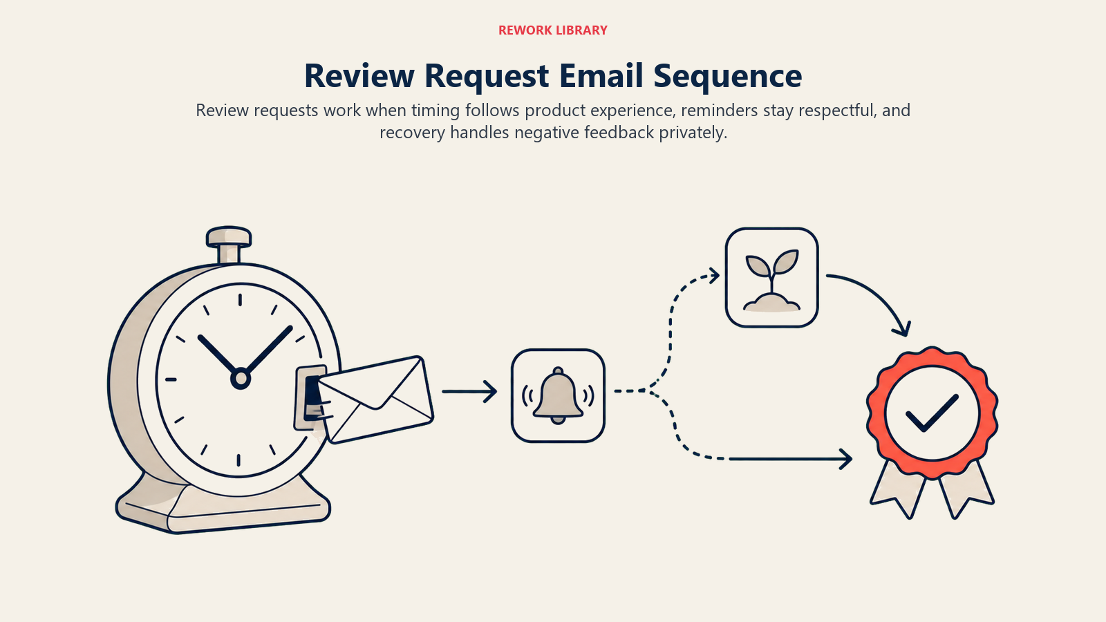 Review Request Email Sequence shown as timed review request sequence in a Rework Library editorial illustration