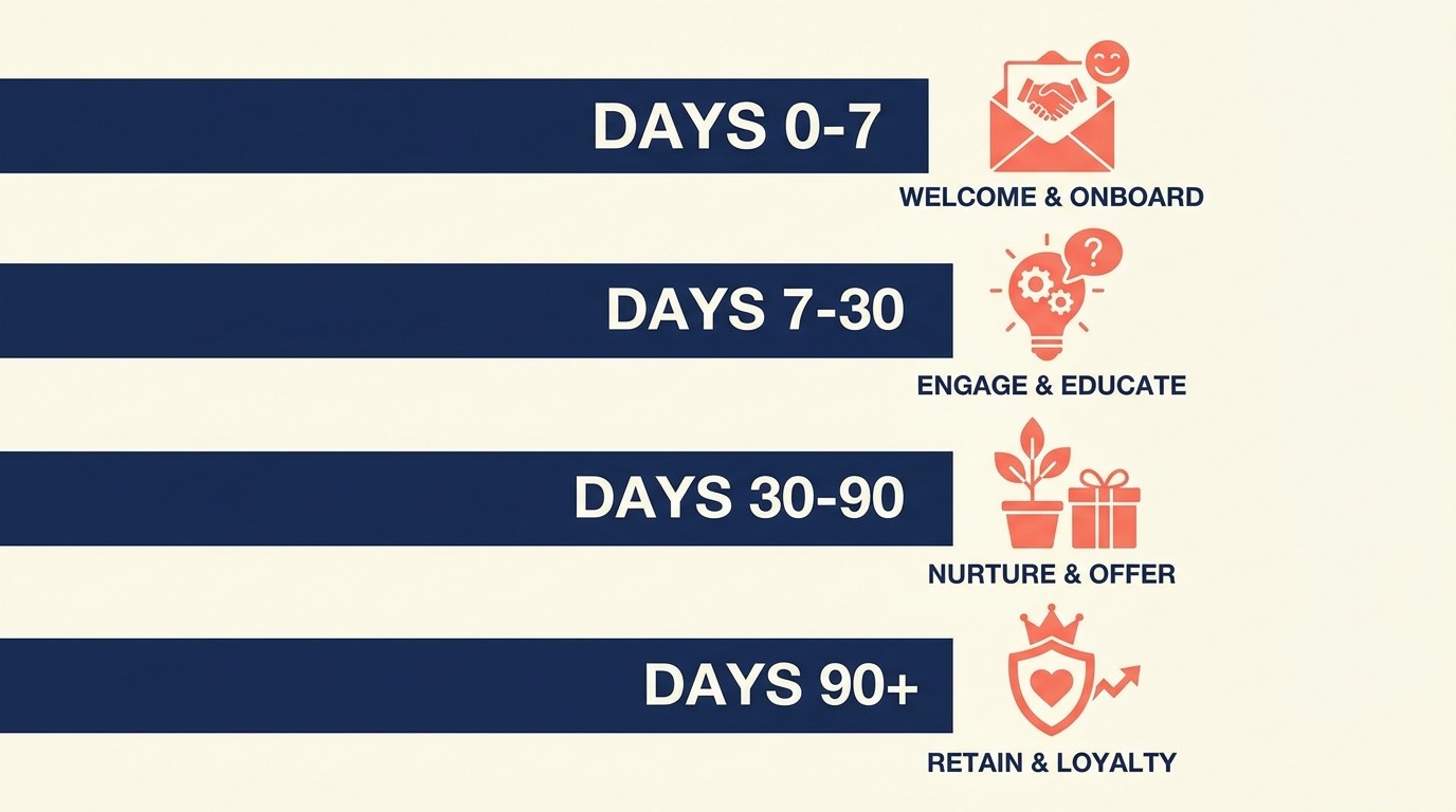 Integrated post-purchase email system mapping customer journey from day 0 to 90-plus