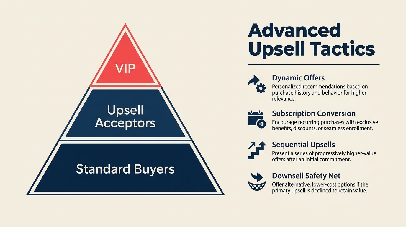 Advanced upsell tactics including dynamic selection and subscription conversion