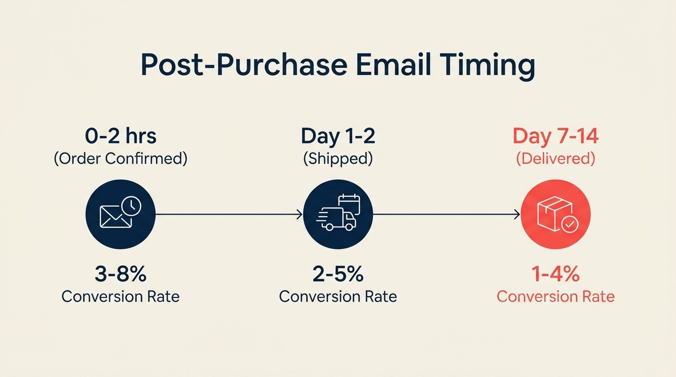 Timeline of post-purchase email sequences from confirmation to follow-up