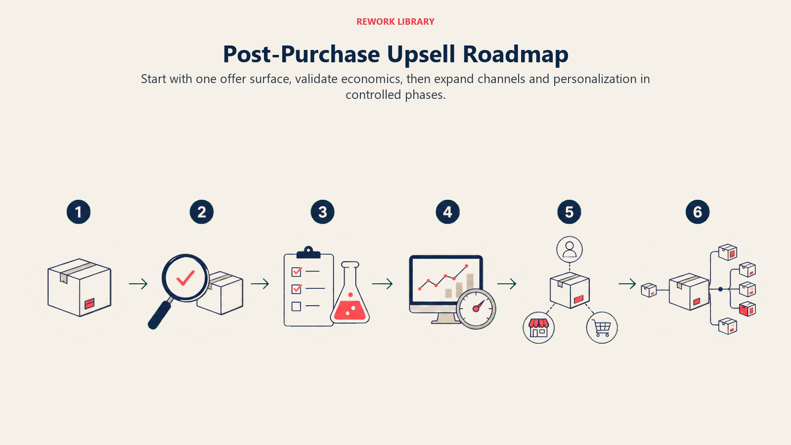 Post-Purchase Upsell Roadmap illustrated as a wide six-stop route progresses from a single parcel through testing and measurement to a mature branching offer system