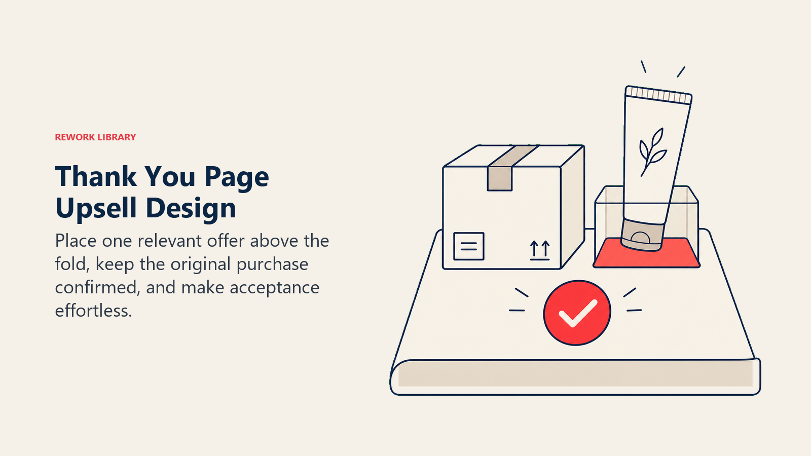 Thank You Page Upsell Design illustrated as a confirmation page-shaped pedestal holds a completed parcel while one complementary product rises from a clear coral offer slot