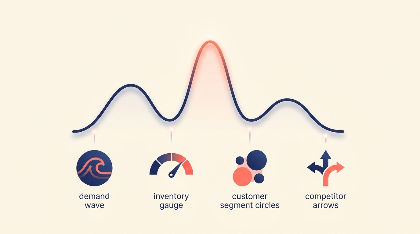 Dynamic pricing fundamentals showing demand, inventory, segment, and competitor-triggered adjustments