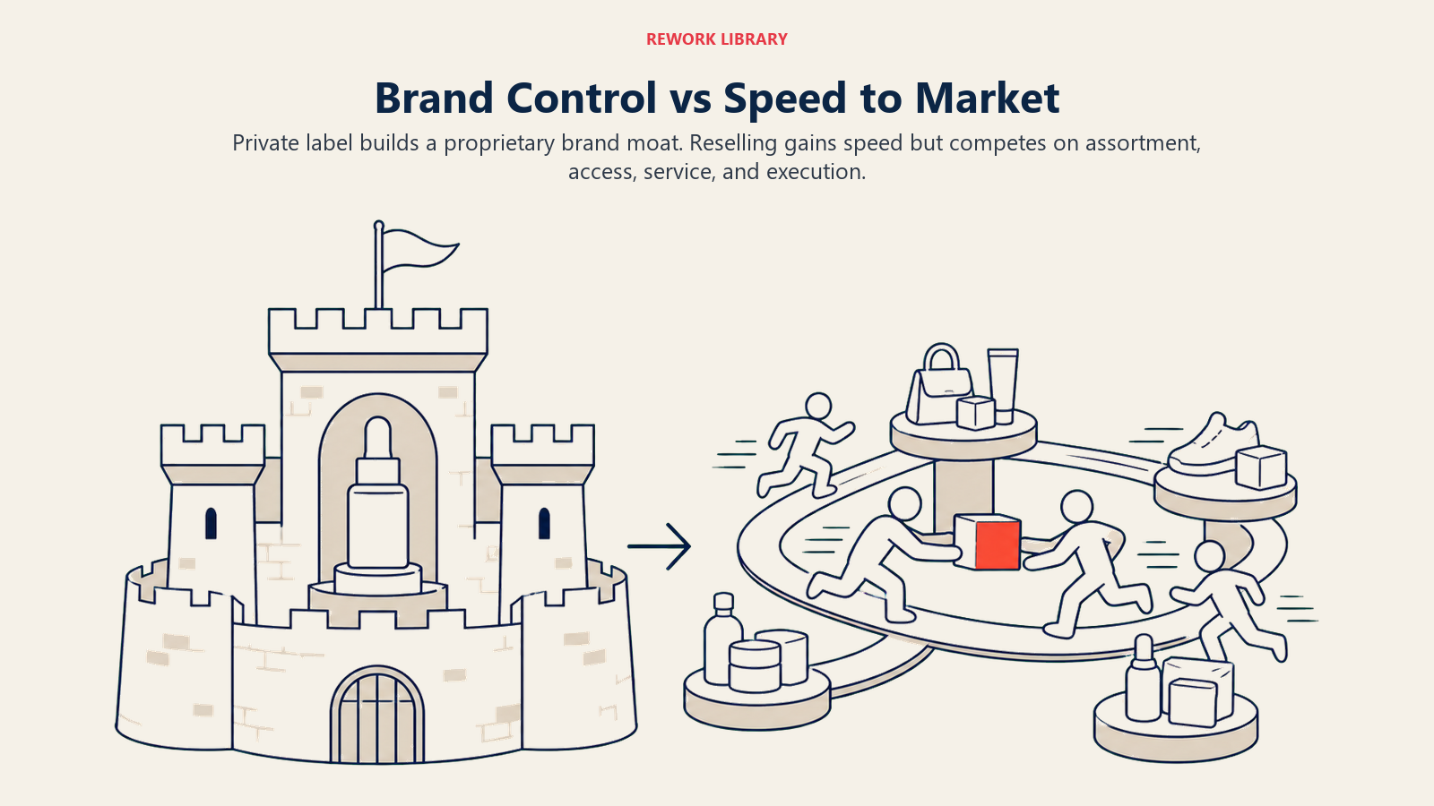 Brand Control vs Speed to Market, illustrated as a wide comparison of a fortified brand castle built around one product versus a fast marketplace relay carrying many brands