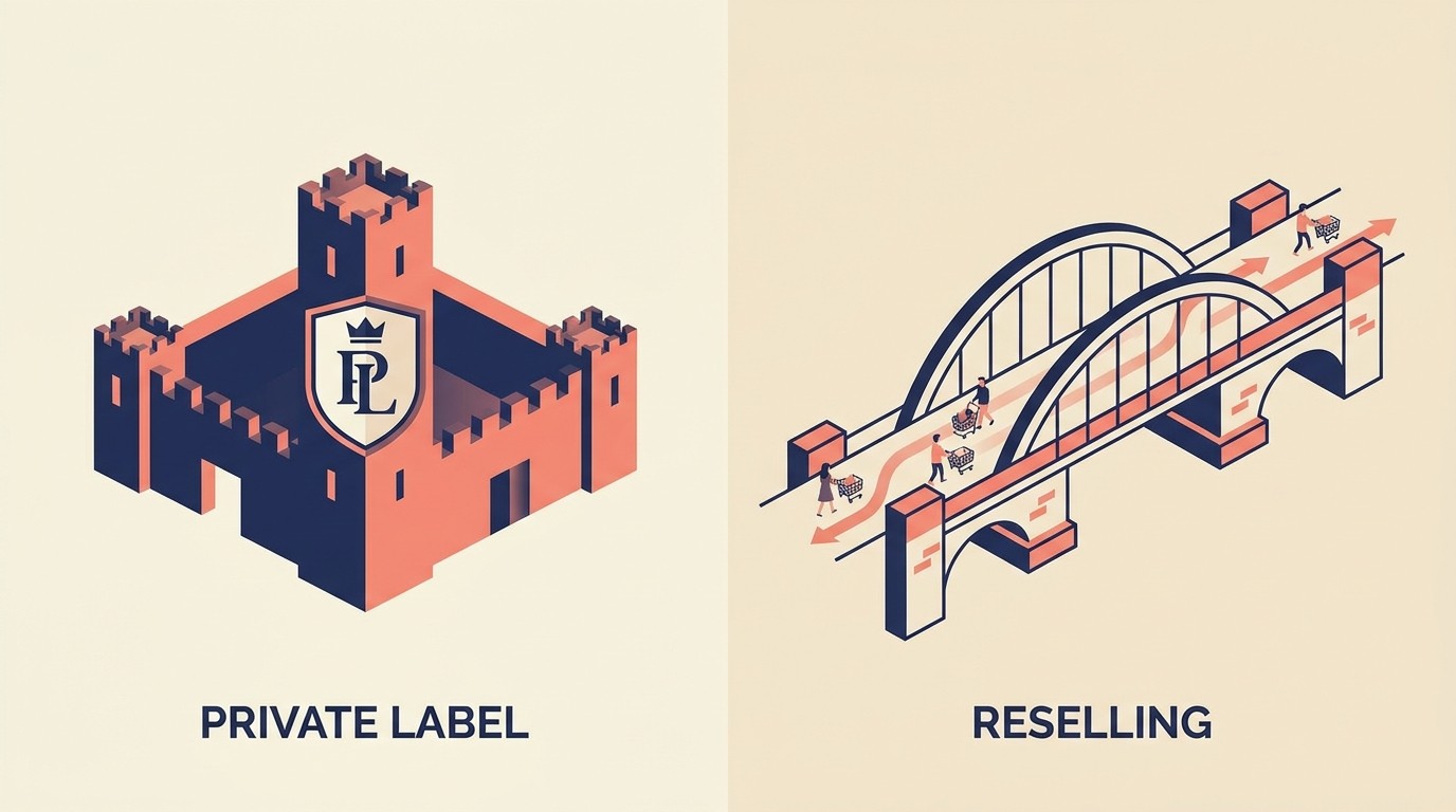 Brand equity moat built through private label vs weak defensibility in reselling
