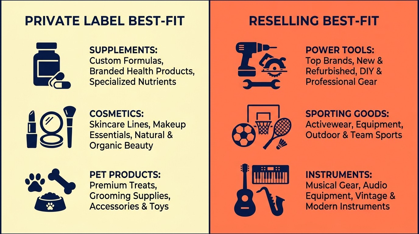 Best-fit product categories for private label versus reselling with examples to avoid