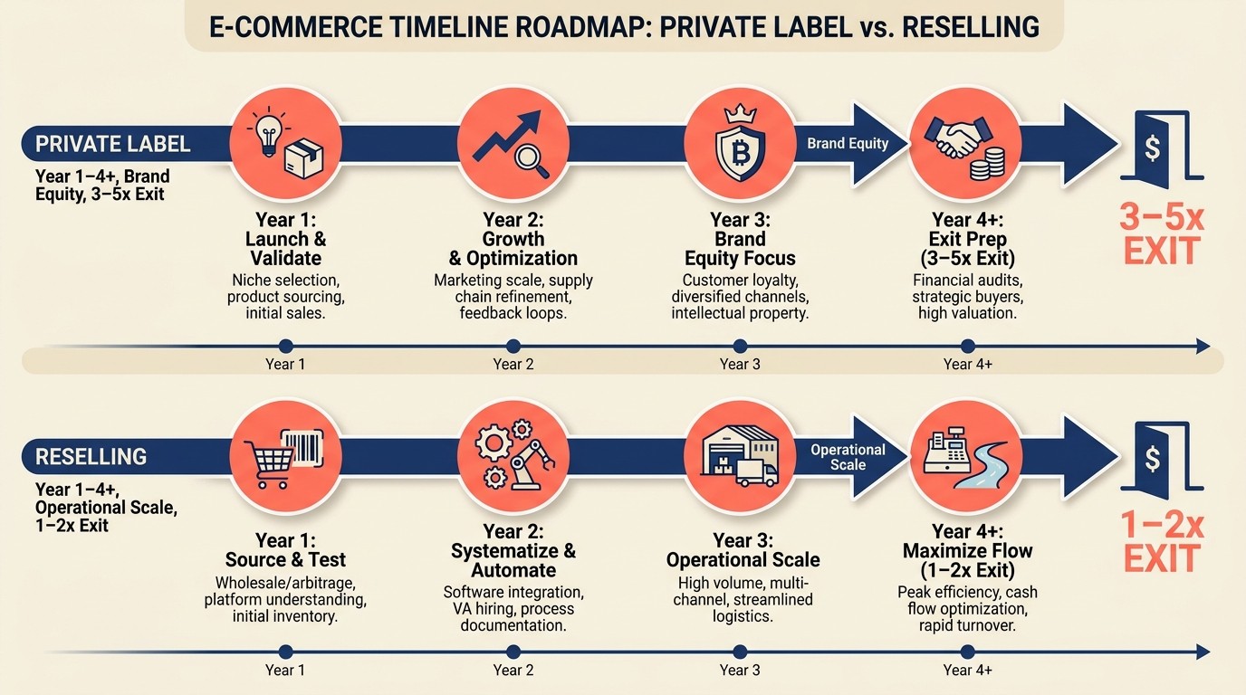 Year-by-year growth paths for private label, reselling, and hybrid e-commerce businesses
