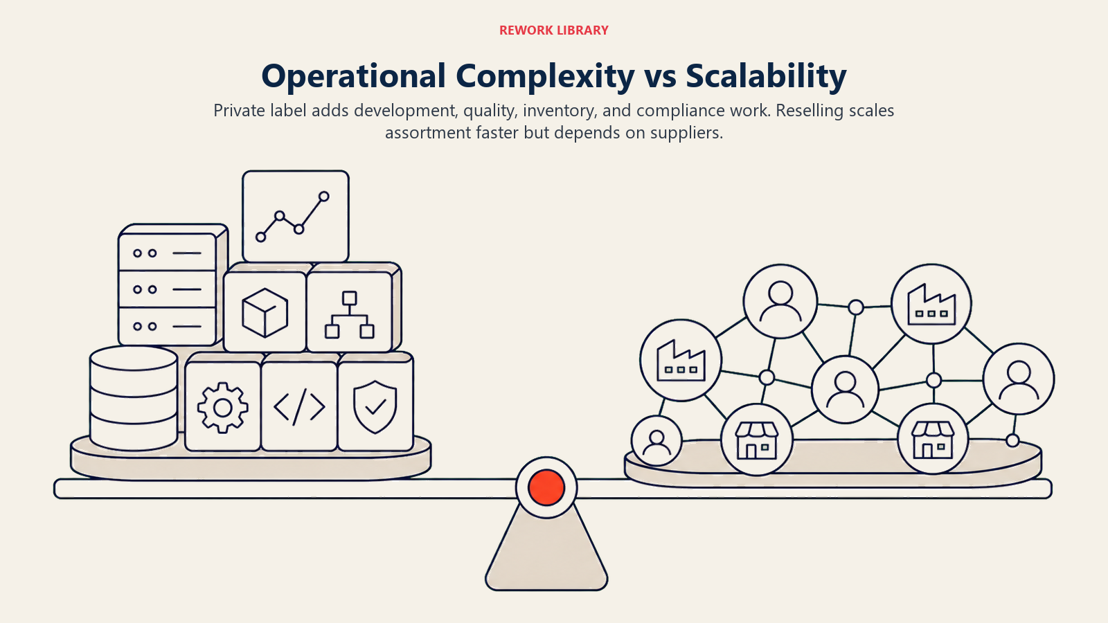 Operational Complexity vs Scalability, illustrated as a wide balance comparison of a deep complex owned stack versus a broad fast supplier network, with one coral tradeoff pivot