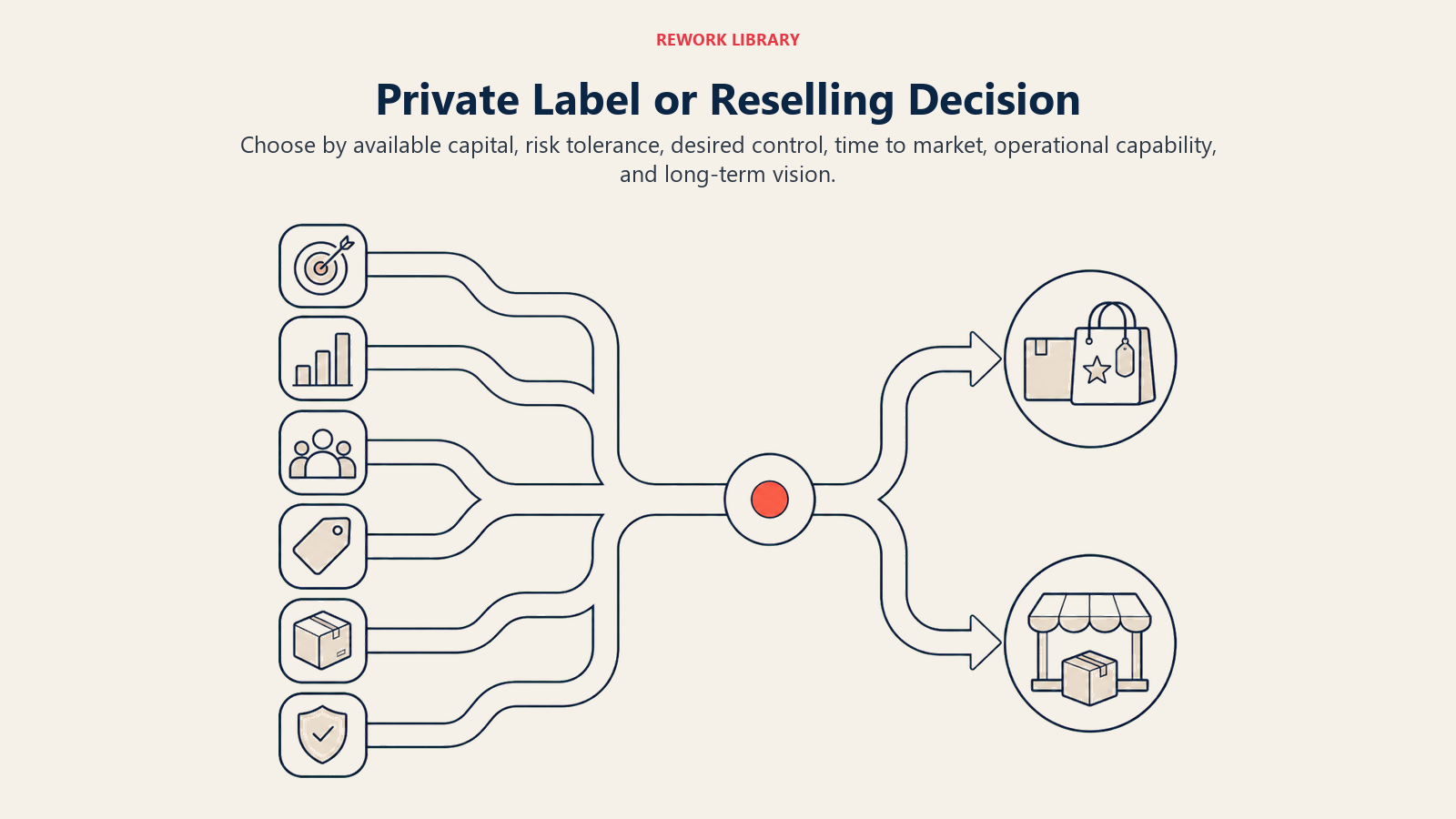 Private Label or Reselling Decision, illustrated as a wide branching decision path that routes six criteria toward either an owned-brand destination or a reselling destination