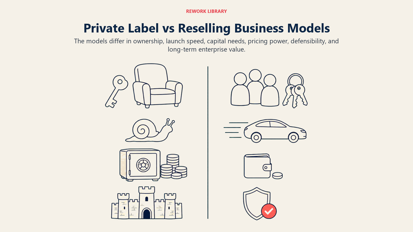 Private Label vs Reselling Business Models, illustrated as a wide two-column business model comparison using sparse physical artifacts for ownership, speed, capital, and defensibility