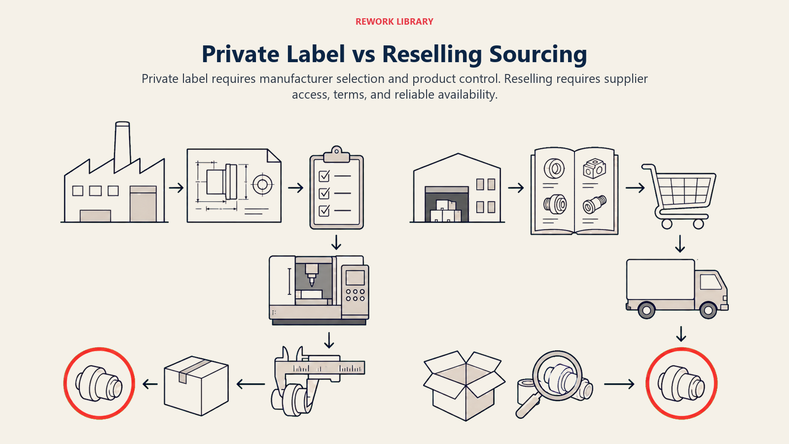 Private Label vs Reselling Sourcing, illustrated as a wide sourcing comparison: factory specification workflow on the left versus distributor catalog flow on the right