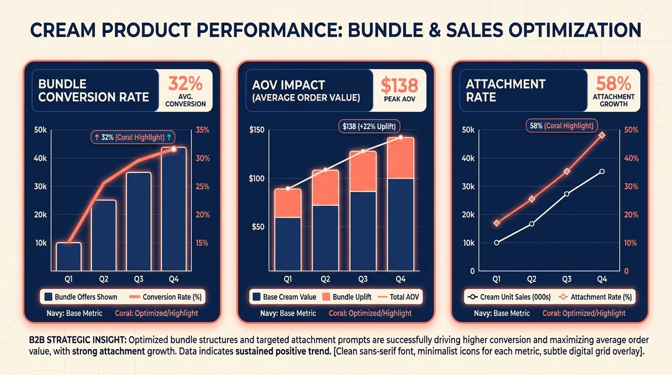 Bundle analytics dashboard showing conversion, attachment, AOV, and margin metrics
