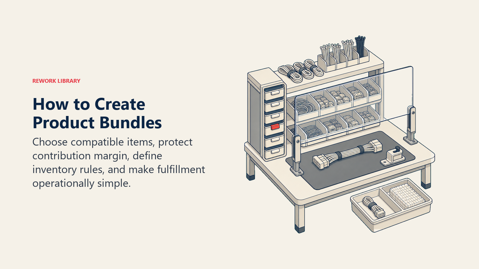 How to Create Product Bundles illustrated by a compact bundle assembly workbench with compatible items, a margin shield, inventory latch, and packing tray