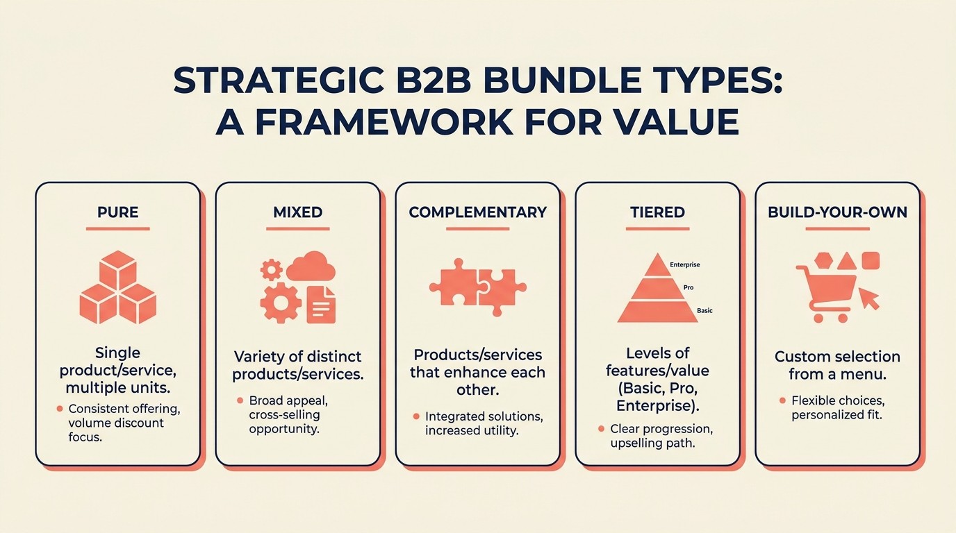 Five bundle types compared: pure, mixed, complementary, tiered, and build-your-own