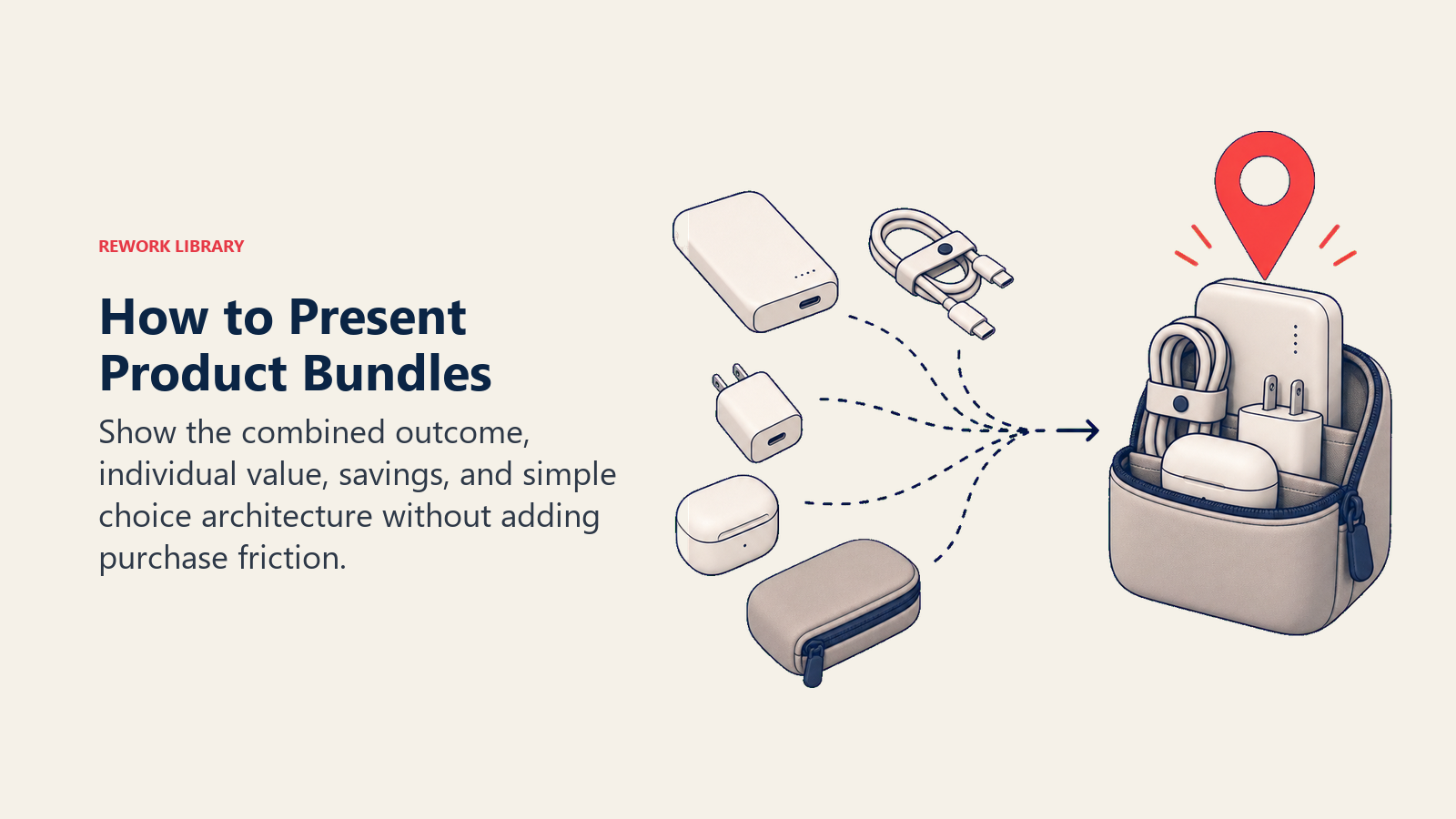 How to Present Product Bundles illustrated by a product-display stage where scattered components resolve into one clear hero bundle under a coral spotlight marker