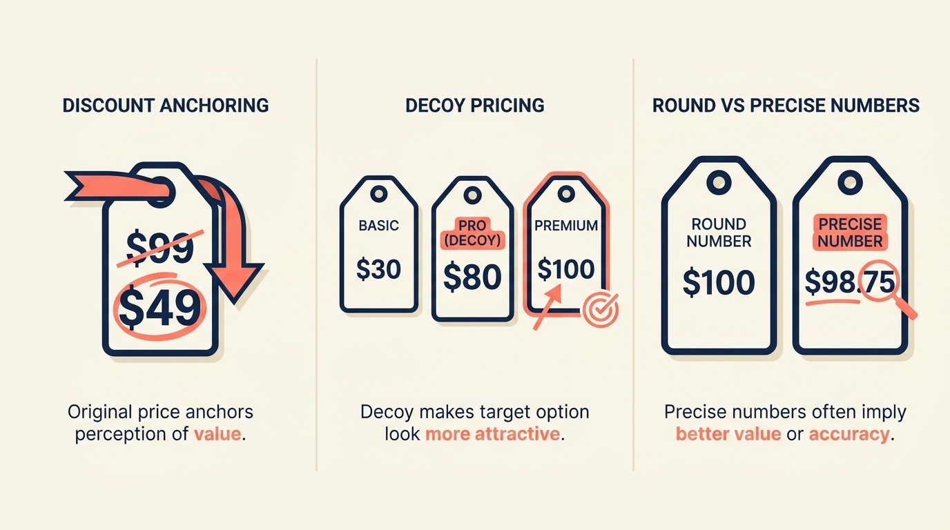 Bundle pricing psychology principles showing anchoring, decoy pricing, and dollar savings