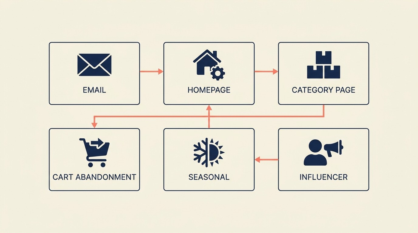 Bundle promotion channels across email, homepage, category pages, and cart abandonment