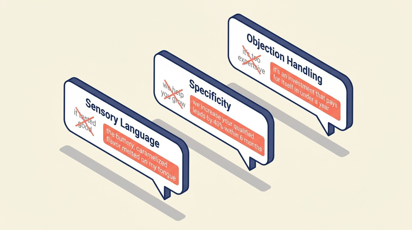Advanced copywriting techniques: sensory language, specificity, objection handling, urgency