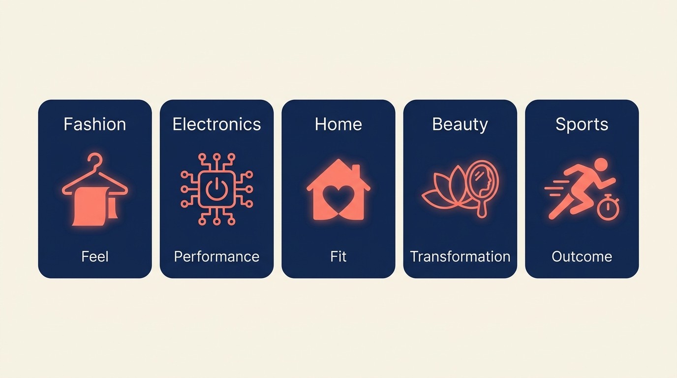 Product description approaches across fashion, tech, home, beauty, and fitness categories