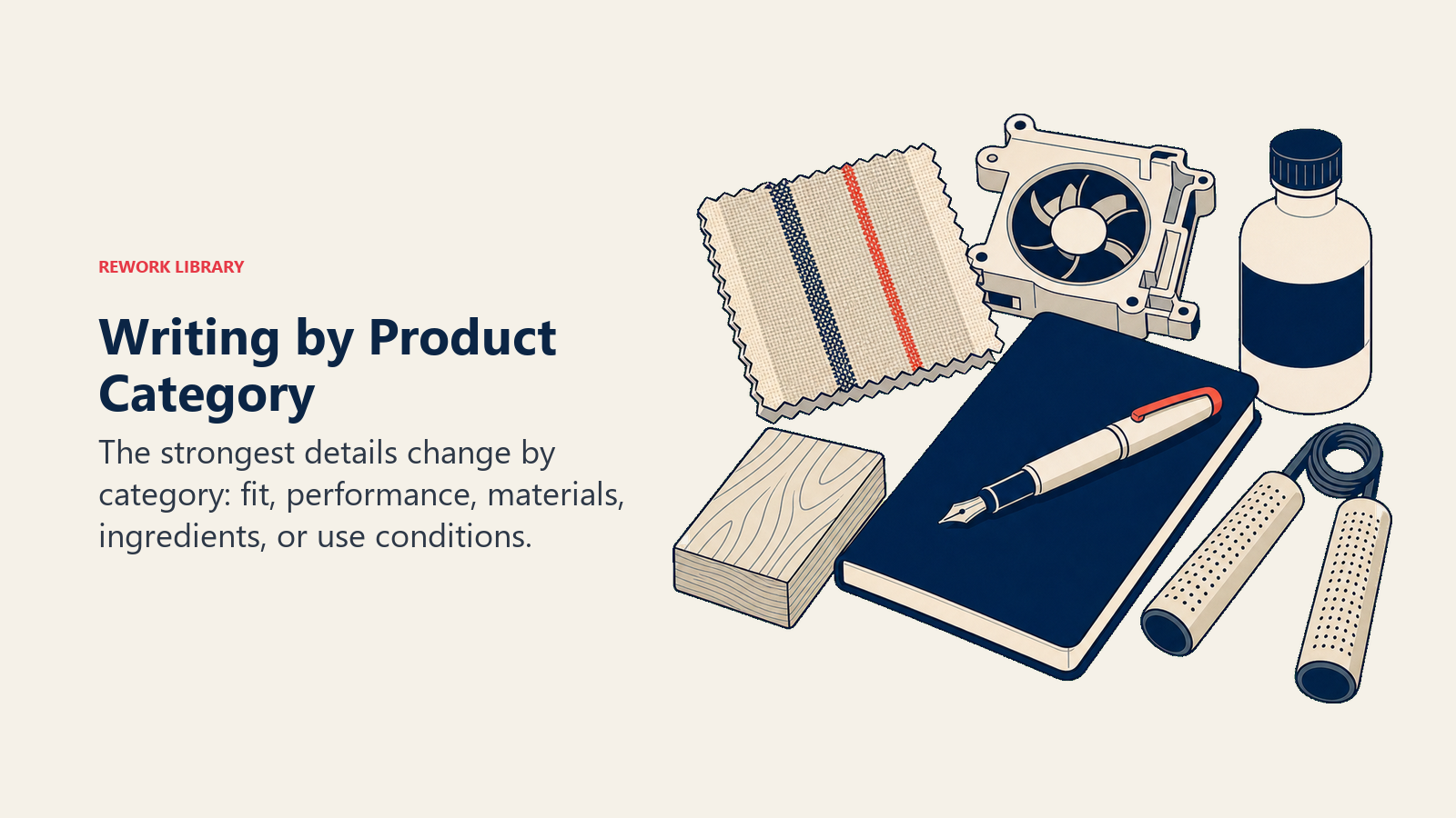 Writing by Product Category illustrated with a writer's desk with five category artifacts arranged distinctly: garment swatch, device component, wood sample, bottle, and training grip