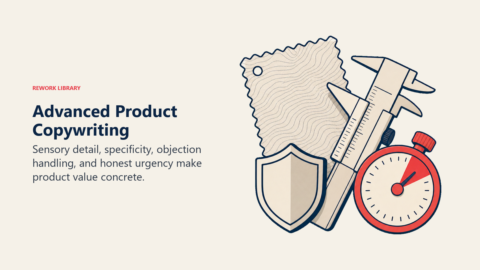 Advanced Product Copywriting illustrated with a compact copywriter toolkit containing a texture swatch, precision caliper, small shield, and coral timing dial