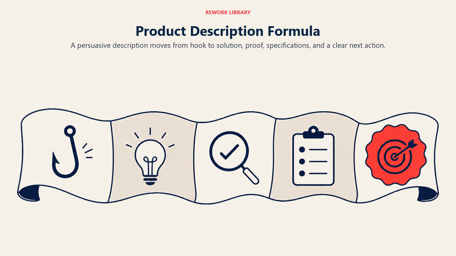 Product Description Formula illustrated with a wide five-part writing ribbon moving through hook, solution, proof, specifications, and a coral action seal, shown only as distinct symbols