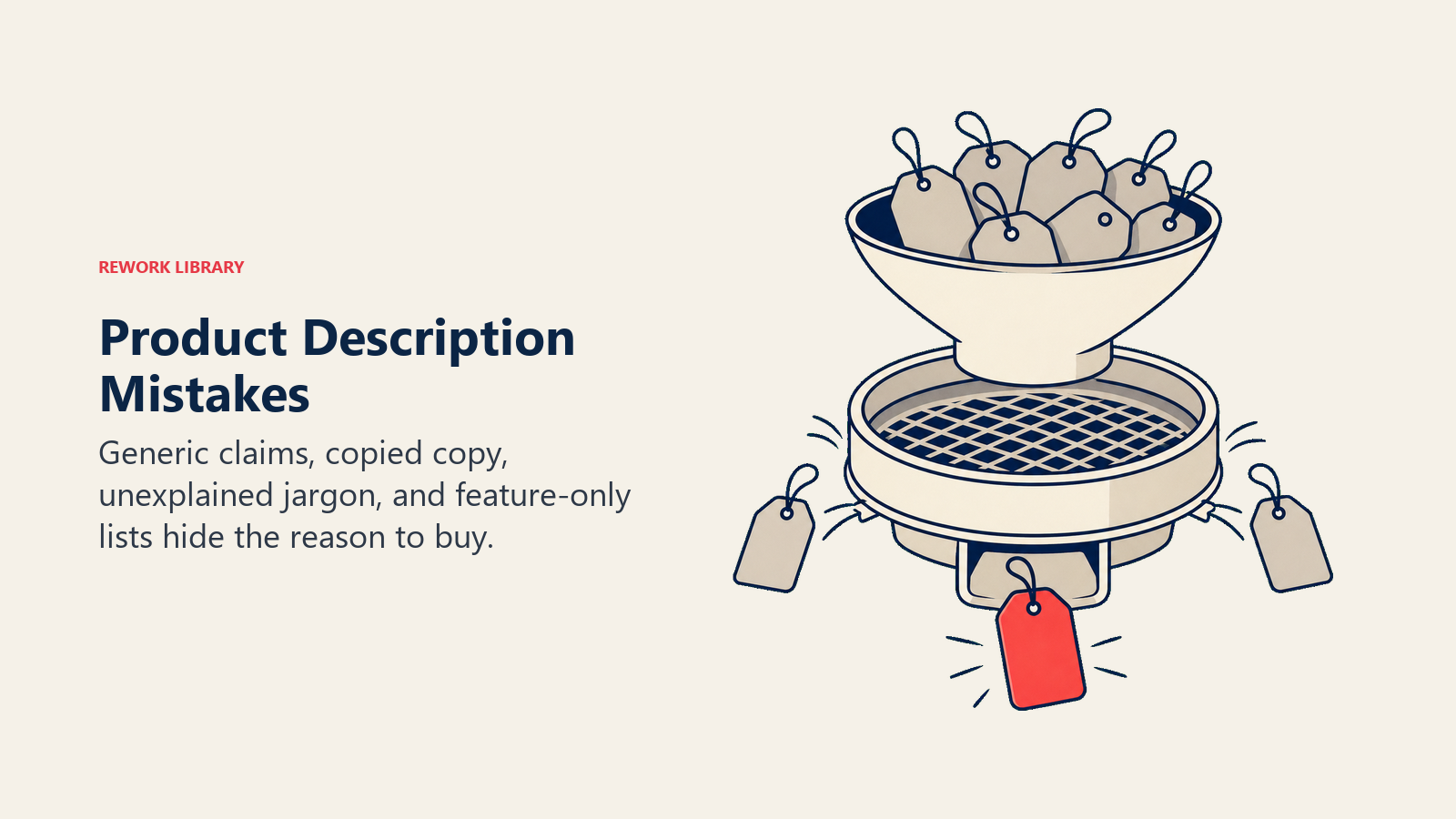 Product Description Mistakes illustrated with a quality-control sieve rejecting identical gray product tags while one specific coral-accented tag passes through