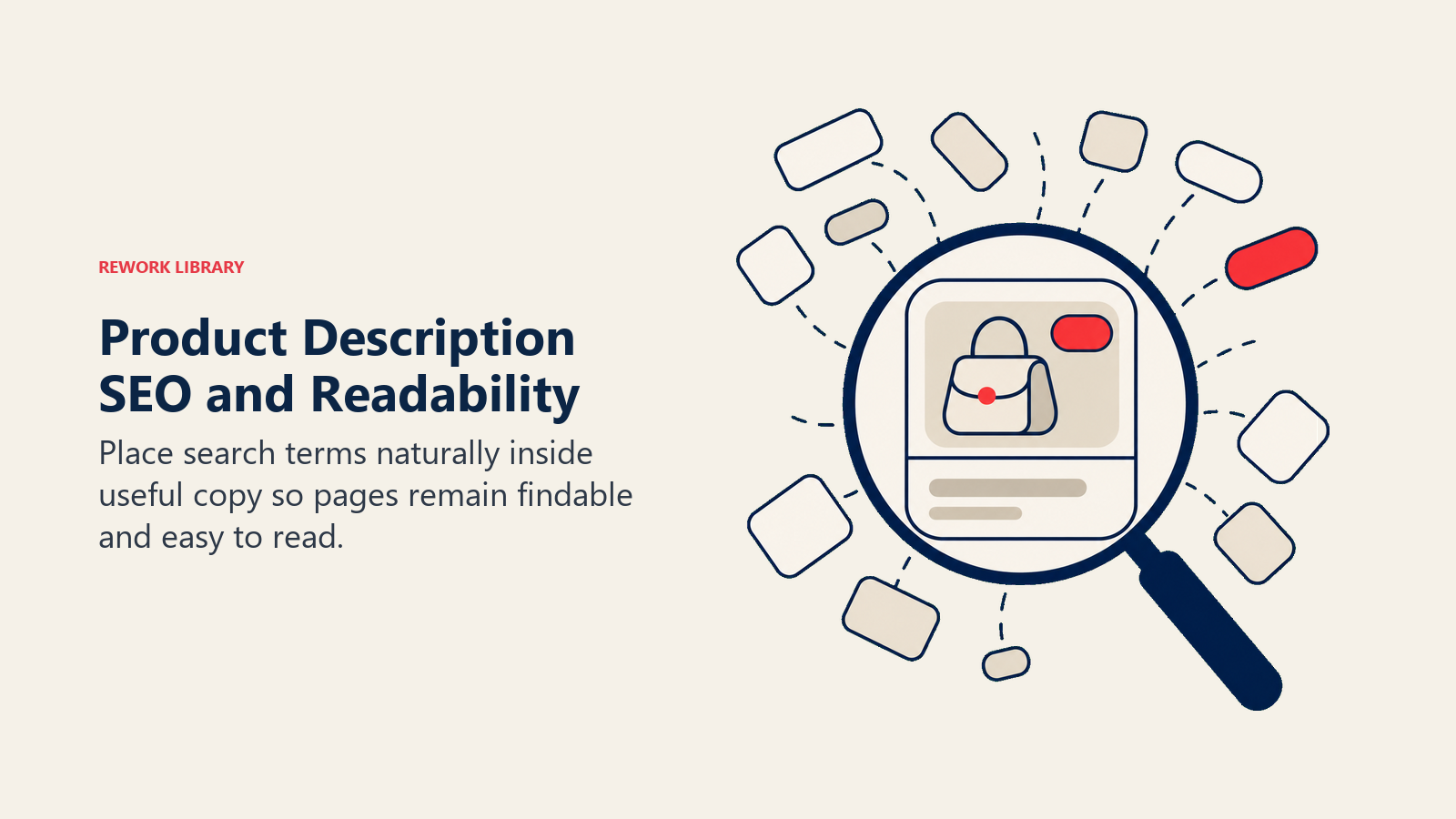 Product Description SEO and Readability illustrated with a soft search lens filtering scattered keyword tiles into one flowing readable product card, with one coral keyword token and no text