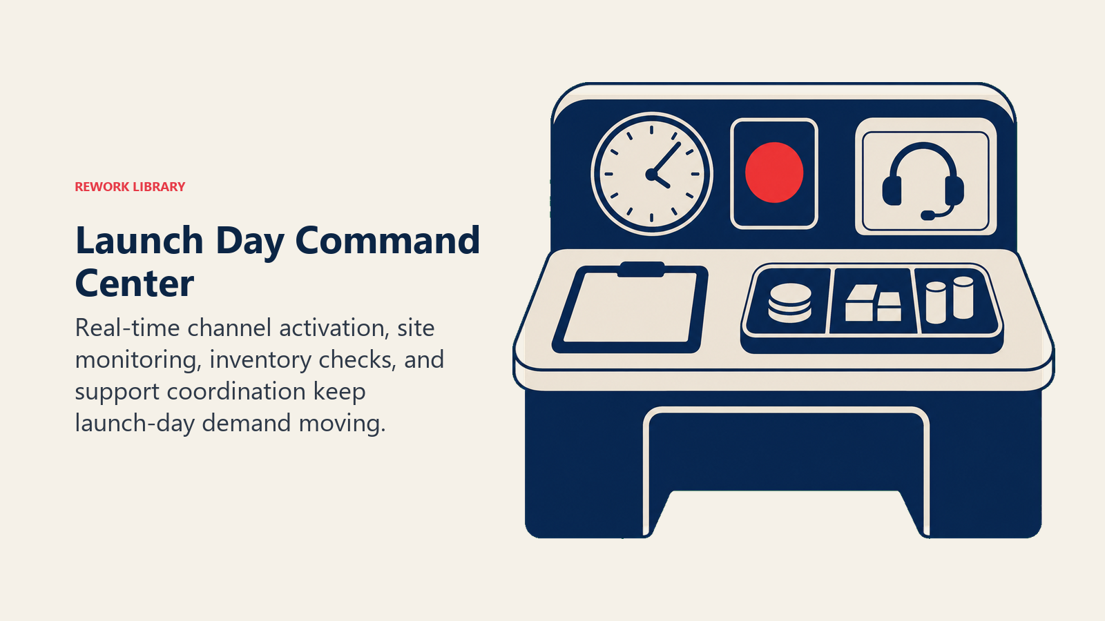 Launch Day Command Center illustrated with launch command desk