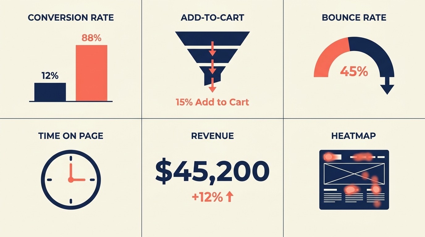 Product page analytics dashboard tracking conversion rate, add-to-cart, and exit points
