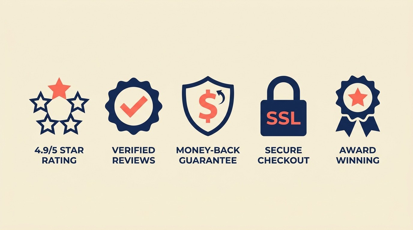 Trust signals including reviews, security badges, and guarantees on product page