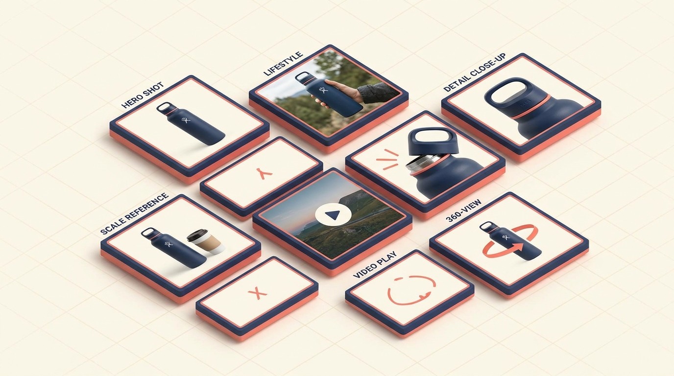 Visual content strategy combining photography, lifestyle images, and product video