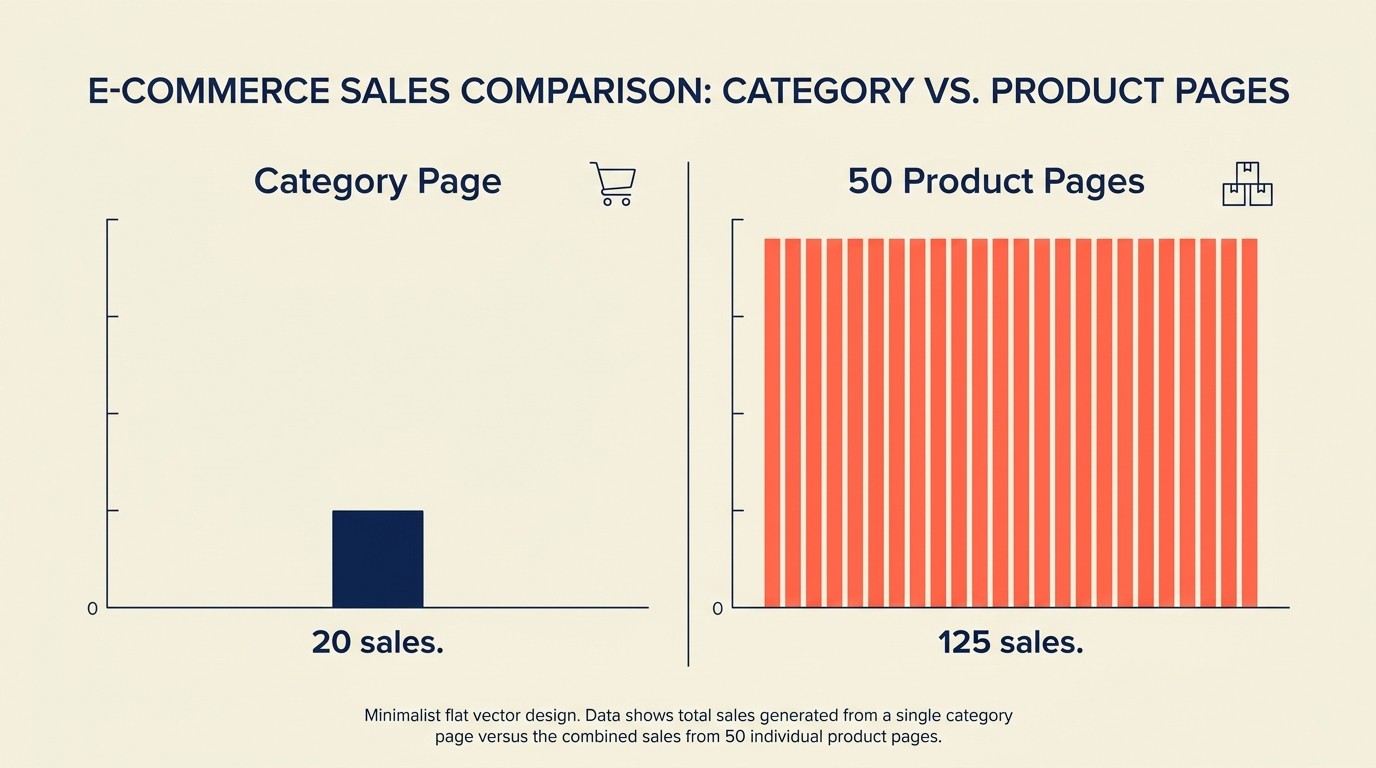 Economics of product page SEO showing long-tail product pages outperforming category pages in conversions
