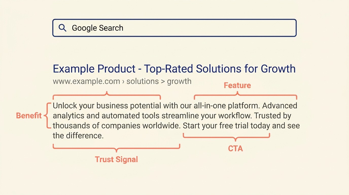 Anatomy of a high-converting meta description with benefit, feature, trust signal, and CTA