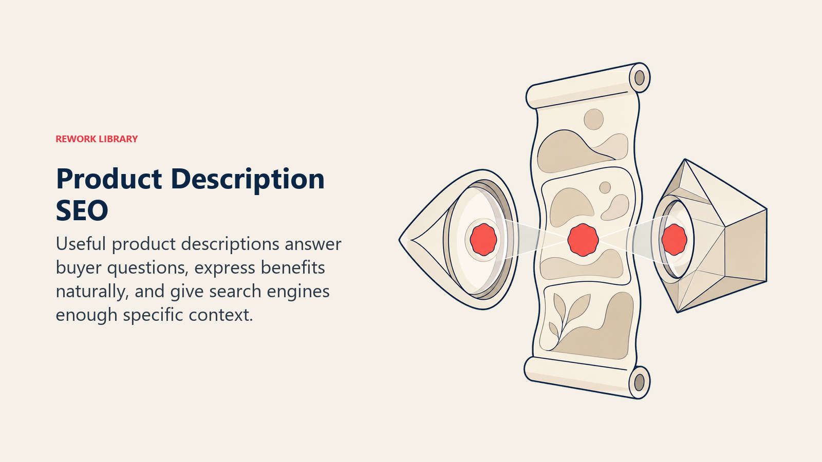 Product Description SEO shown as dual-audience product scroll in a Rework Library editorial illustration