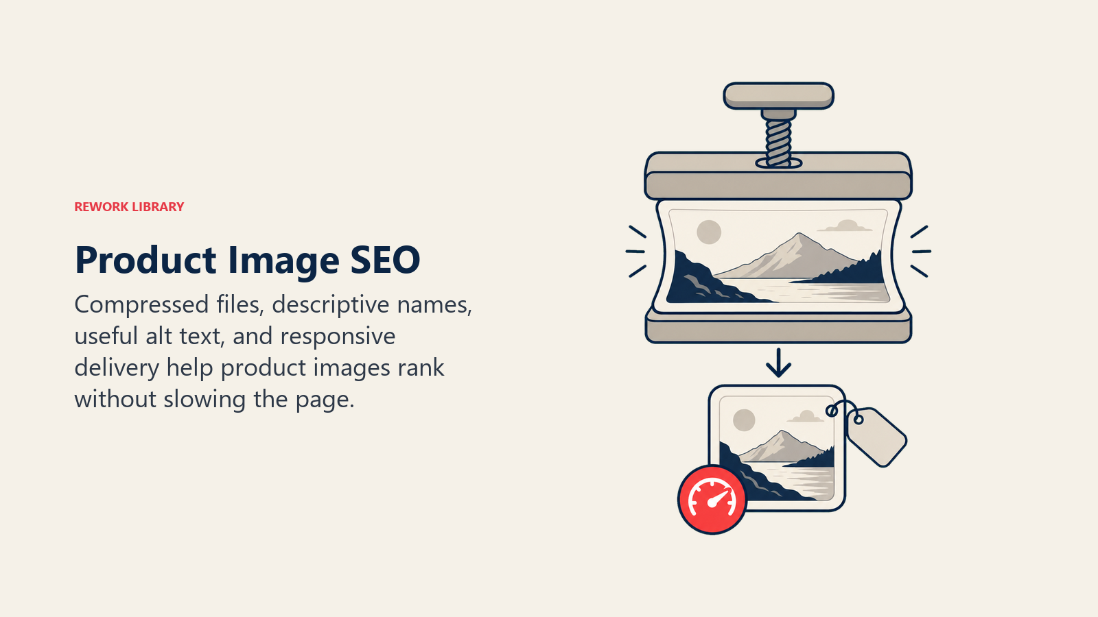 Product Image SEO shown as image compression press in a Rework Library editorial illustration