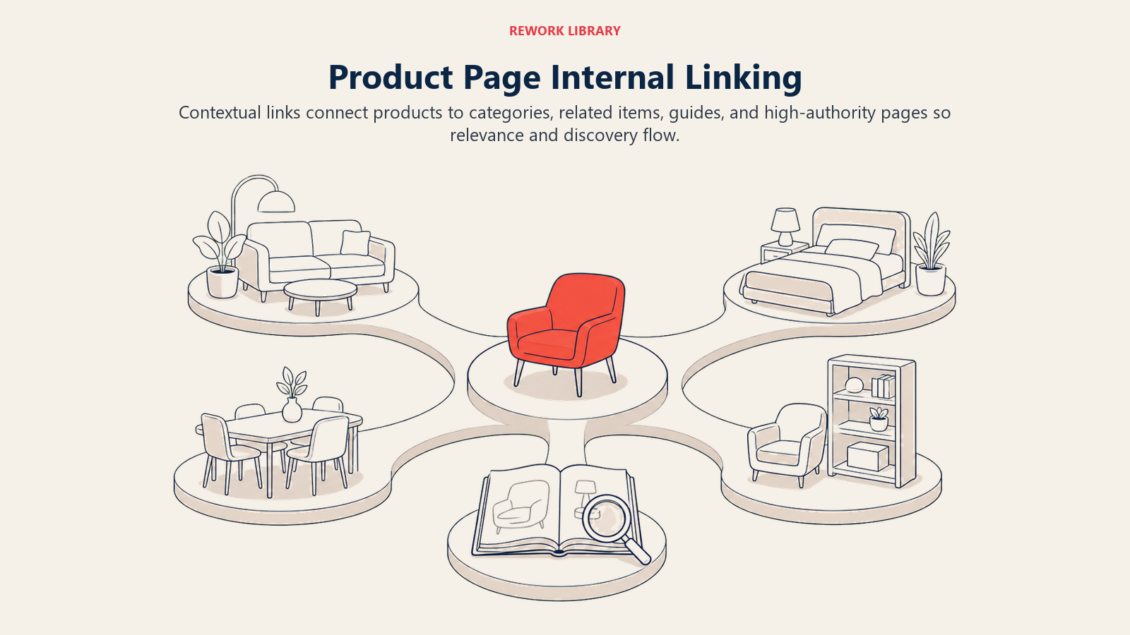 Product Page Internal Linking shown as internal linking bridge network in a Rework Library editorial illustration